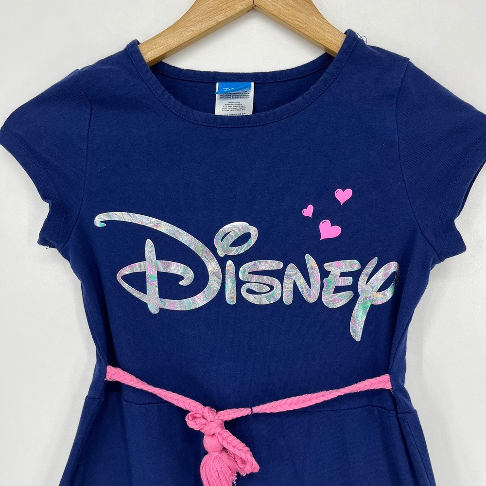 Disney Girls Blue Dress Silver Holographic Logo Pink‎ Braided Belt Size 10/12 - Picture 10 of 13